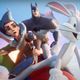 Batman, Arya Stark, and Shaggy look in horror as Bugs Bunny steers their rocket into the ground.